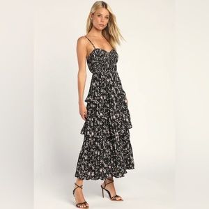 Cascading Crush Black Floral Print Tiered Bustier Midi Dress-  LuLus